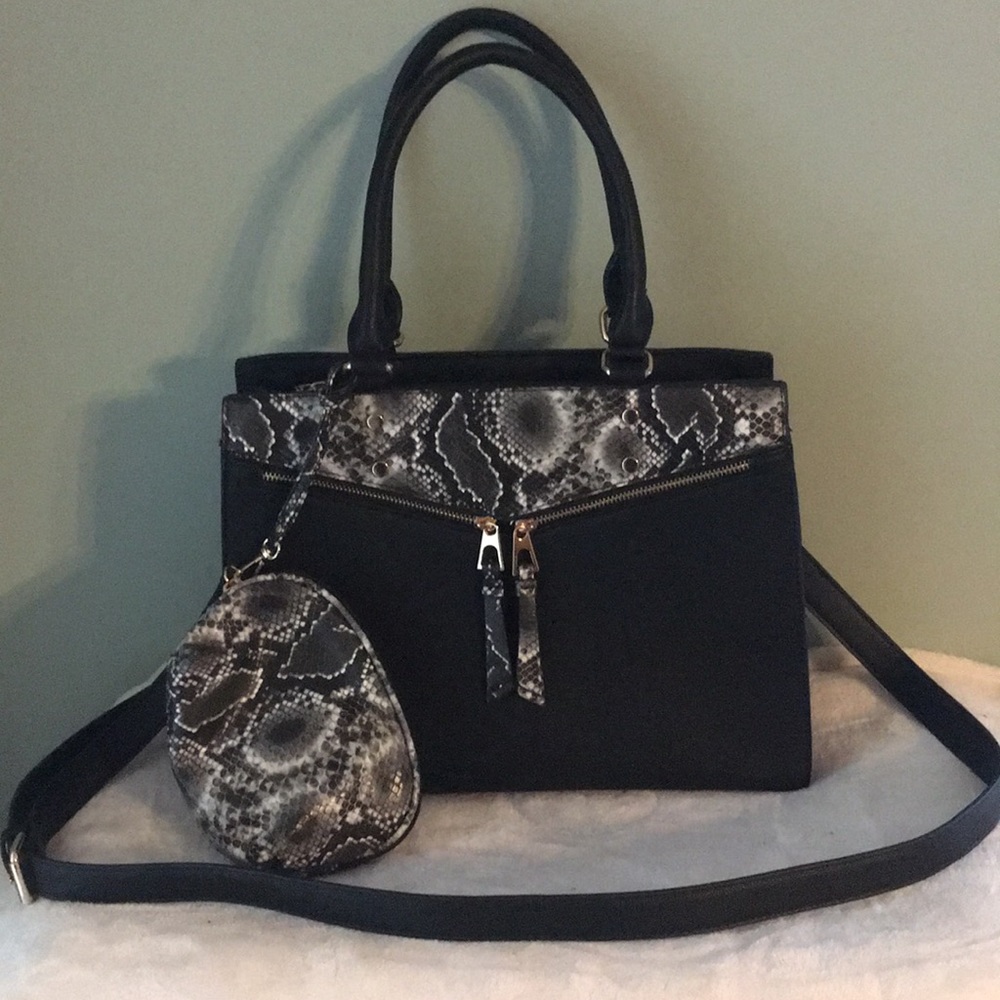 Black leather/snake print bag and attached purse.